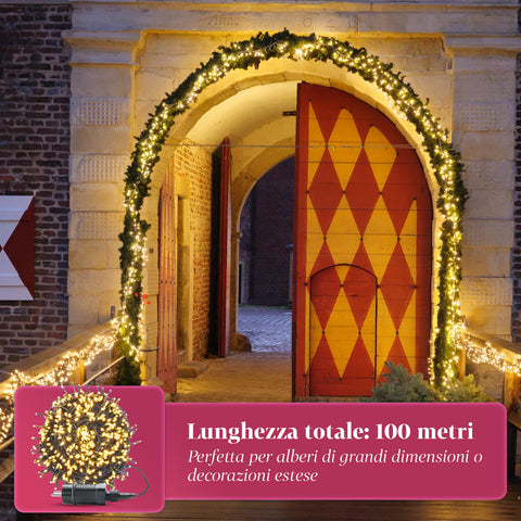 Luci Natale 1000 LED Bianco Caldo – Catena da 100 Metri per Esterni e Interni