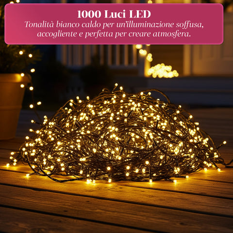 Luci Natale 1000 LED Bianco Caldo – Catena da 100 Metri per Esterni e Interni