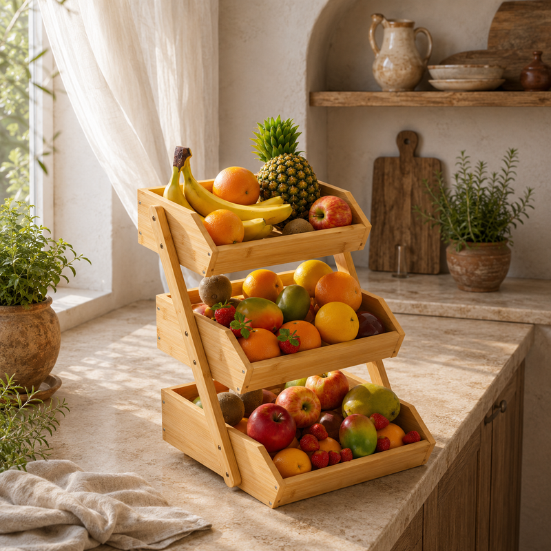 Organizer Multiuso in Legno di Bambù a 3 Ripiani per Cucina e Bagno - Portata 8kg - 30x33x41 cm