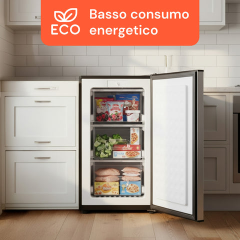Freezer Monoporta 80 Litri con Apertura Frontale e Design Bicolore Argento/Nero