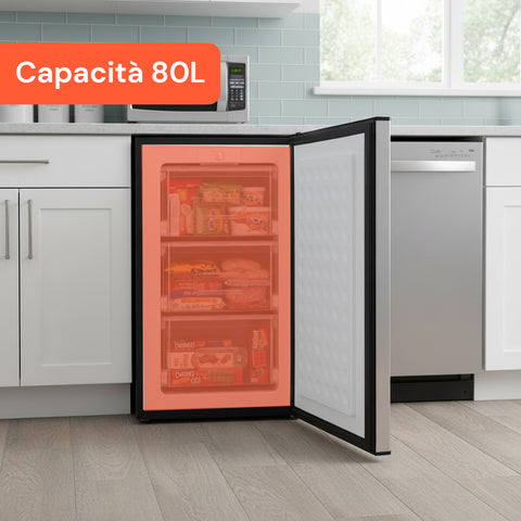 Freezer Monoporta 80 Litri con Apertura Frontale e Design Bicolore Argento/Nero