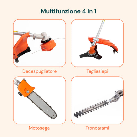 Decespugliatore a Scoppio 4 in 1 con Tagliasiepi, Motosega e Troncarami 52cc