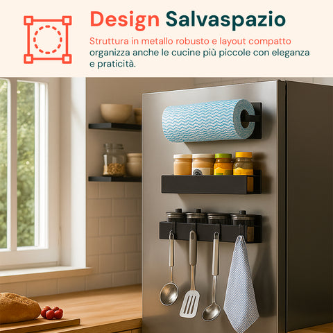 Set 3 Organizer Magnetico Cucina: Porta Spezie, Barattoli e Porta Rotolo Senza Fori