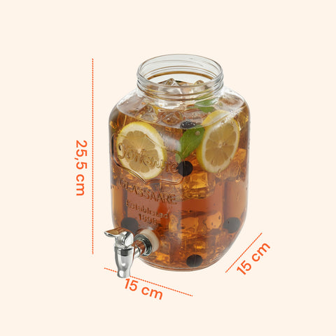 Dispenser in Vetro 4L con Rubinetto per Acqua, Succhi, Tè e Bevande Fredde