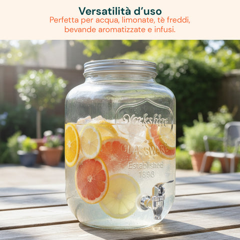 Dispenser in Vetro 4L con Rubinetto per Acqua, Succhi, Tè e Bevande Fredde