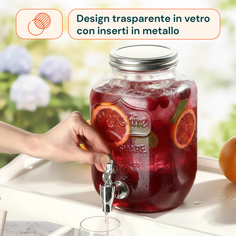 Dispenser in Vetro 4L con Rubinetto per Acqua, Succhi, Tè e Bevande Fredde