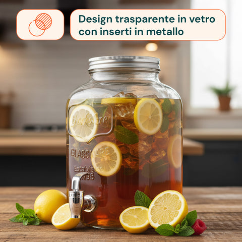 Dispenser Bevande in Vetro 8L con Rubinetto in Acciaio