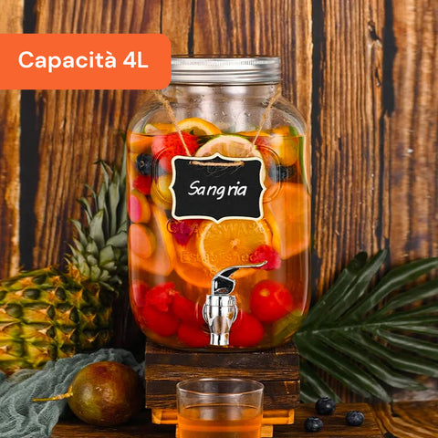 Dispenser in Vetro 4L con Rubinetto per Acqua, Succhi, Tè e Bevande Fredde