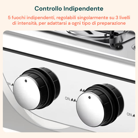Piano cottura a gas Staylux controllo indipendente 5 fuochi regolabili su 3 livelli di intensità, manopole precise per ogni preparazione