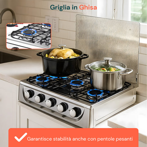 Piano cottura a gas Staylux con griglia in ghisa che garantisce stabilità anche con pentole pesanti, cottura pollo e verdure