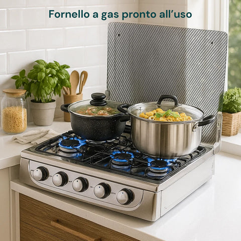 Fornellone a Gas 5 Fuochi con Coperchio in Cristallo Temperato