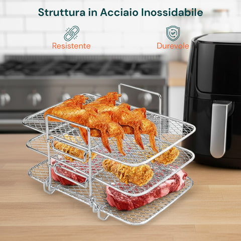 Griglia Airfryer 3 Livelli Rotonda e Rettangolare in Acciaio Lavabile