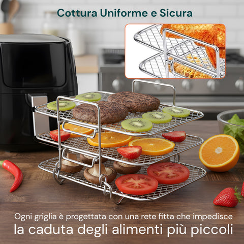 Griglia Airfryer 3 Livelli Rotonda e Rettangolare in Acciaio Lavabile