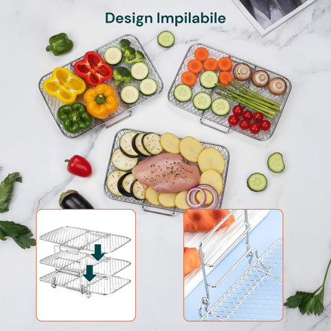 Griglia Airfryer 3 Livelli Rotonda e Rettangolare in Acciaio Lavabile