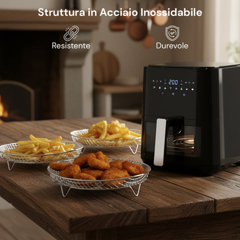Griglia Airfryer 3 Livelli Rotonda e Rettangolare in Acciaio Lavabile