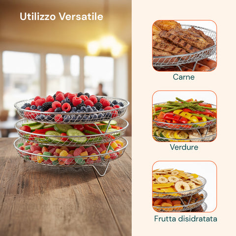 Griglia Airfryer 3 Livelli Rotonda e Rettangolare in Acciaio Lavabile