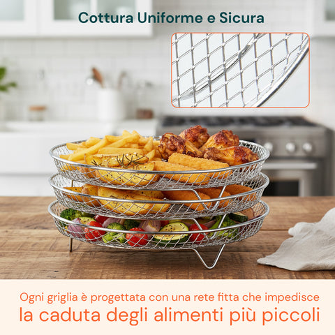 Griglia Airfryer 3 Livelli Rotonda e Rettangolare in Acciaio Lavabile