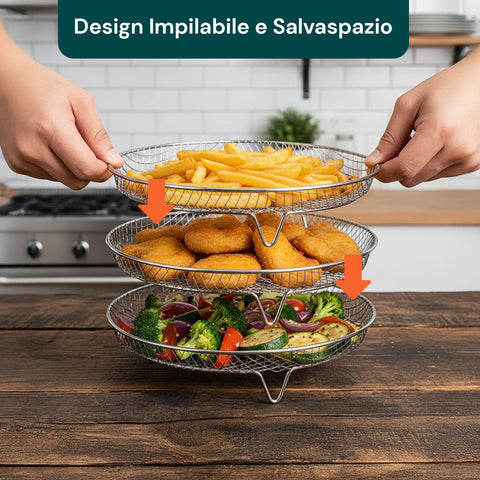 Griglia Airfryer 3 Livelli Rotonda e Rettangolare in Acciaio Lavabile