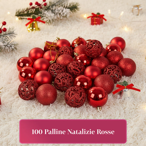 Set 100 Palline di Natale Rosse – 2 Dimensioni, 3 Finiture Diverse