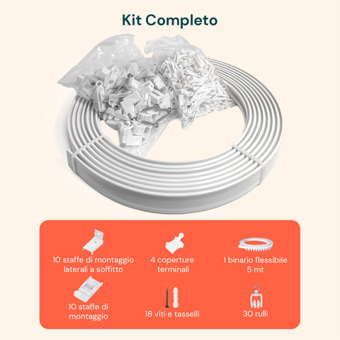 Binario Tenda Soffitto/Parete Flessibile 5m con Supporti, Ganci e Rulli