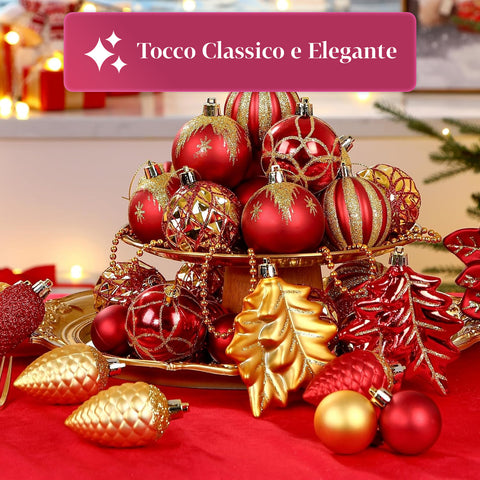 Set Addobbi Natalizi 106 Pezzi Rosso e Oro – Con Stelle e Fiori Glitter