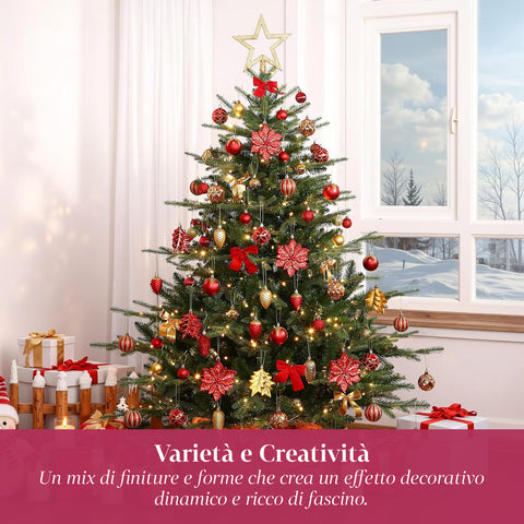 Set Addobbi Natalizi 106 Pezzi Rosso e Oro – Con Stelle e Fiori Glitter