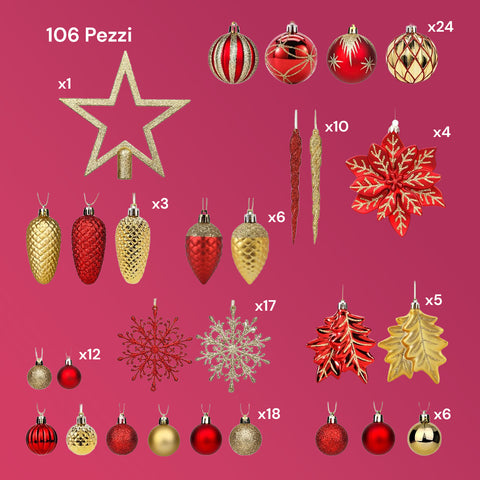 Set Addobbi Natalizi 106 Pezzi Rosso e Oro – Con Stelle e Fiori Glitter
