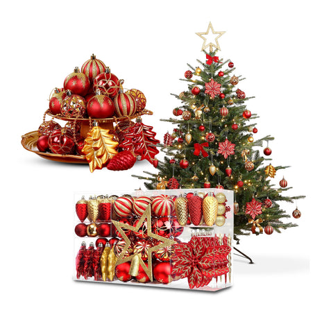 Set Addobbi Natalizi 106 Pezzi Rosso e Oro – Con Stelle e Fiori Glitter