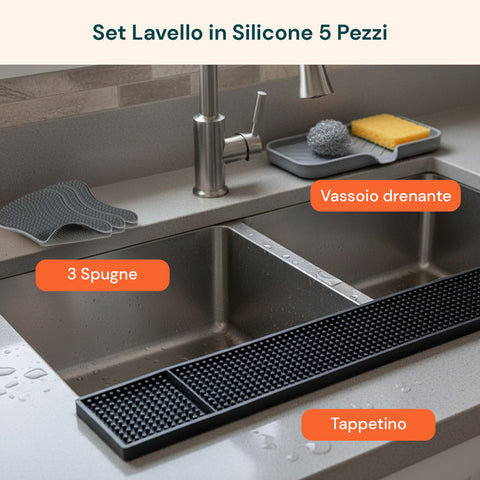 Set Silicone Cucina 5 Pezzi – Tappetino Lavello e Spugne Ultra-Assorbenti