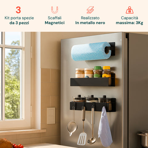 Set 3 Organizer Magnetico Cucina: Porta Spezie, Barattoli e Porta Rotolo Senza Fori