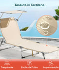 Lettino con tessuto in textilene traspirante, impermeabile e facile da pulire, ideale per piscina e mare con dettaglio materiale