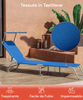 Lettino con tessuto in textilene traspirante, facile da pulire e impermeabile, dettaglio del materiale blu resistente agli agenti atmosferici