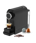 Macchina caffè nera elegante compatibile capsule Nespresso con chicchi di caffè, design moderno per espresso perfetto a casa