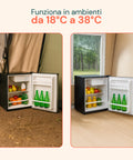 Mini frigo che funziona in ambienti da 18°C a 38°C con classe climatica ST, perfetto per campeggio e casa