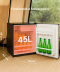 Mini frigo 45L con dimensioni 48x40cm e apertura porta fino a 74cm, design salvaspazio e funzionale per ogni ambiente
