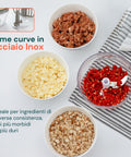 Tritatutto manuale Avilia con lame curve in acciaio inox, ideale per ingredienti di diversa consistenza: carne, cipolla, peperoni, cereali