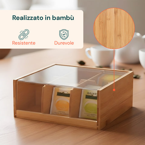 Porta Tisane e Tè in Bambù con 6 Scomparti Pratici