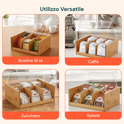 Porta Tisane e Tè in Bambù con 6 Scomparti Pratici
