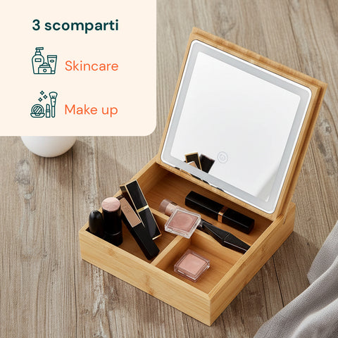 Organizer in Bambù con Specchio a LED – Portaoggetti 3 Scomparti 19.7x19.7x22 cm