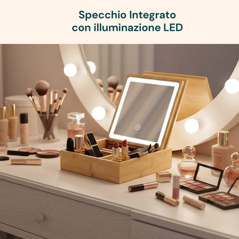 Organizer in Bambù con Specchio a LED – Portaoggetti 3 Scomparti 19.7x19.7x22 cm