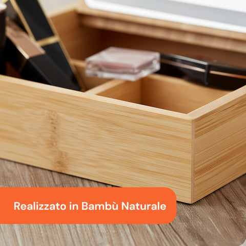 Organizer in Bambù con Specchio a LED – Portaoggetti 3 Scomparti 19.7x19.7x22 cm