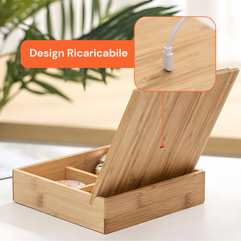 Organizer in Bambù con Specchio a LED – Portaoggetti 3 Scomparti 19.7x19.7x22 cm