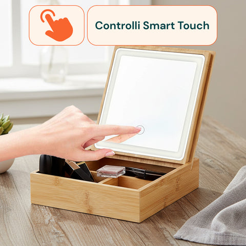 Organizer in Bambù con Specchio a LED – Portaoggetti 3 Scomparti 19.7x19.7x22 cm