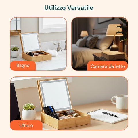 Organizer in Bambù con Specchio a LED – Portaoggetti 3 Scomparti 19.7x19.7x22 cm