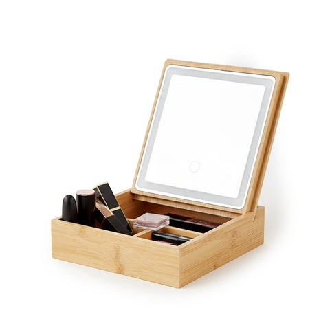 Organizer in Bambù con Specchio a LED – Portaoggetti 3 Scomparti 19.7x19.7x22 cm