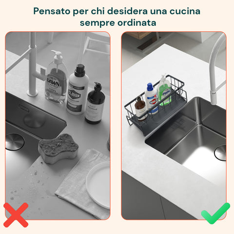 Porta Spugne e Detersivi in Acciaio Resistente con Scolo Integrato