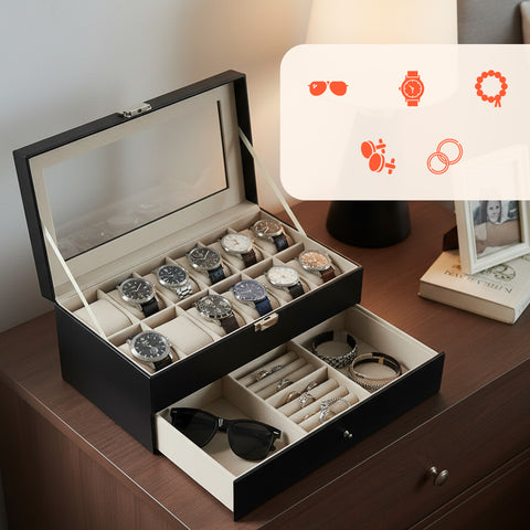 Organizer Porta Orologi e Gioielli in Pelle Nera con Coperchio in Vetro