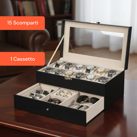 Organizer Porta Orologi e Gioielli in Pelle Nera con Coperchio in Vetro