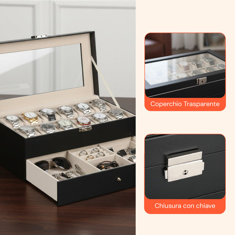 Organizer Porta Orologi e Gioielli in Pelle Nera con Coperchio in Vetro