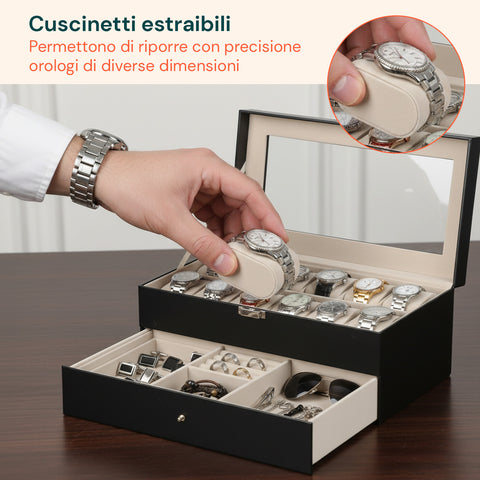 Organizer Porta Orologi e Gioielli in Pelle Nera con Coperchio in Vetro